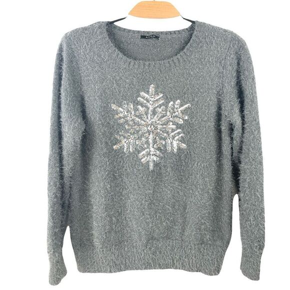 𝅺avon Grey Eyelash Knit Snowflake Sequin Appliqué Crewneck Sweater Size M - Picture 3 of 7